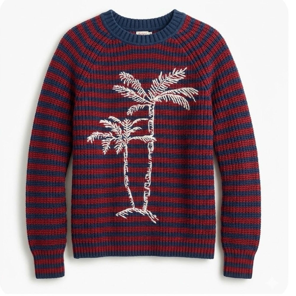 Faherty Palm Tree Sweater Medium Striped Cotton Knit Burgundy Navy Blue ASO